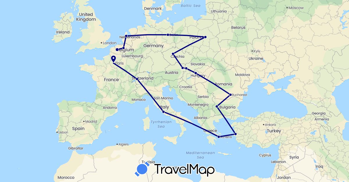 TravelMap itinerary: driving in Austria, Belgium, Bulgaria, Switzerland, Czech Republic, Germany, France, Greece, Hungary, Italy, Netherlands, Poland, Romania, Slovakia, Turkey (Asia, Europe)